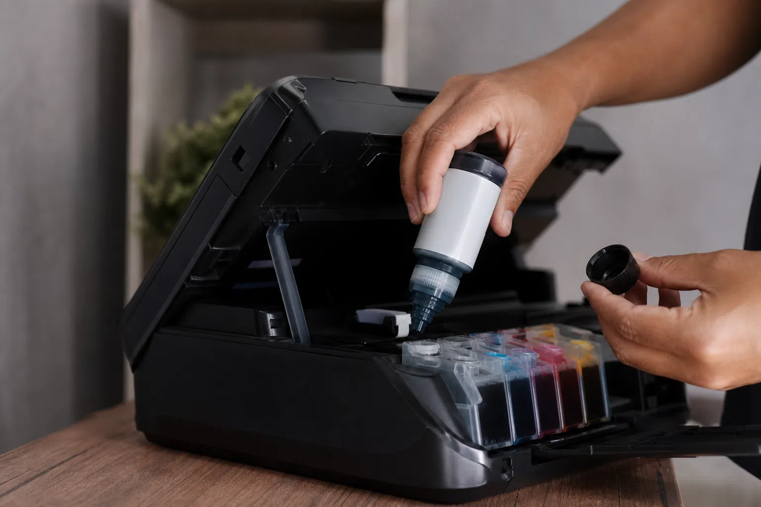 Foto realista sobre abastecer tanque de tinta conforme o manual: passo a passo
