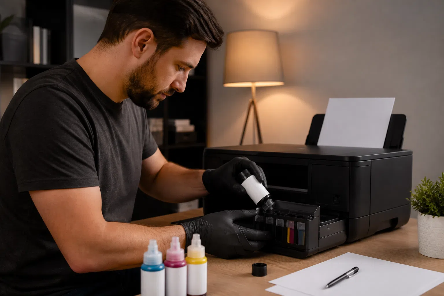 Foto realista sobre abastecer tanque de tinta conforme o manual: verificacao