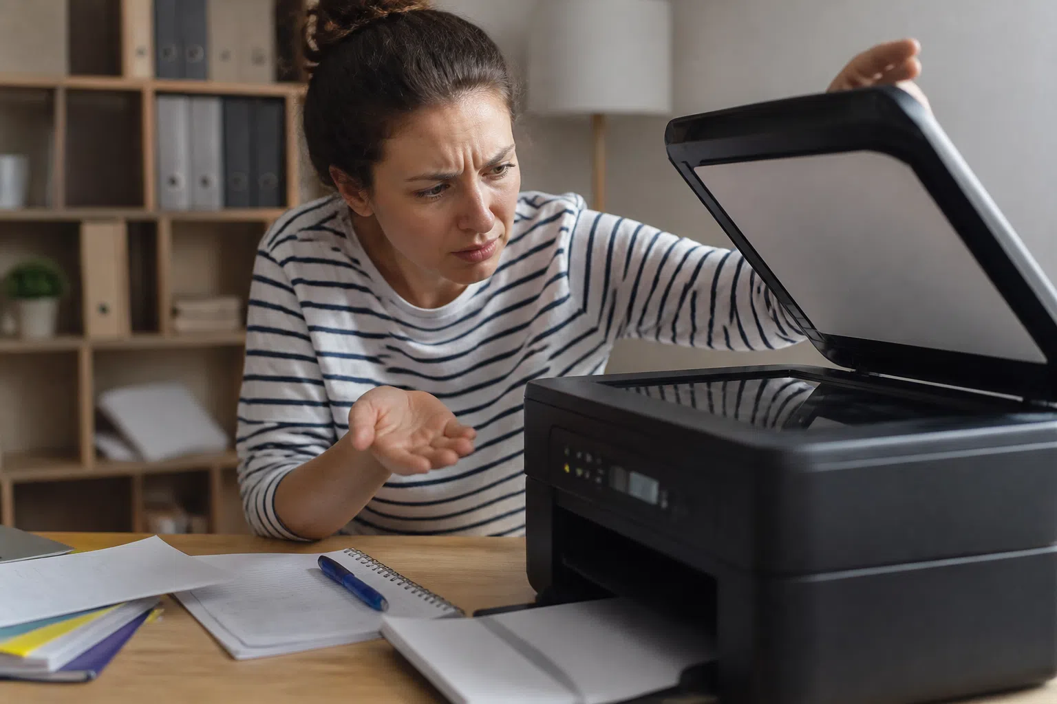 Foto realista sobre prevenir atolamentos de papel: verificacao